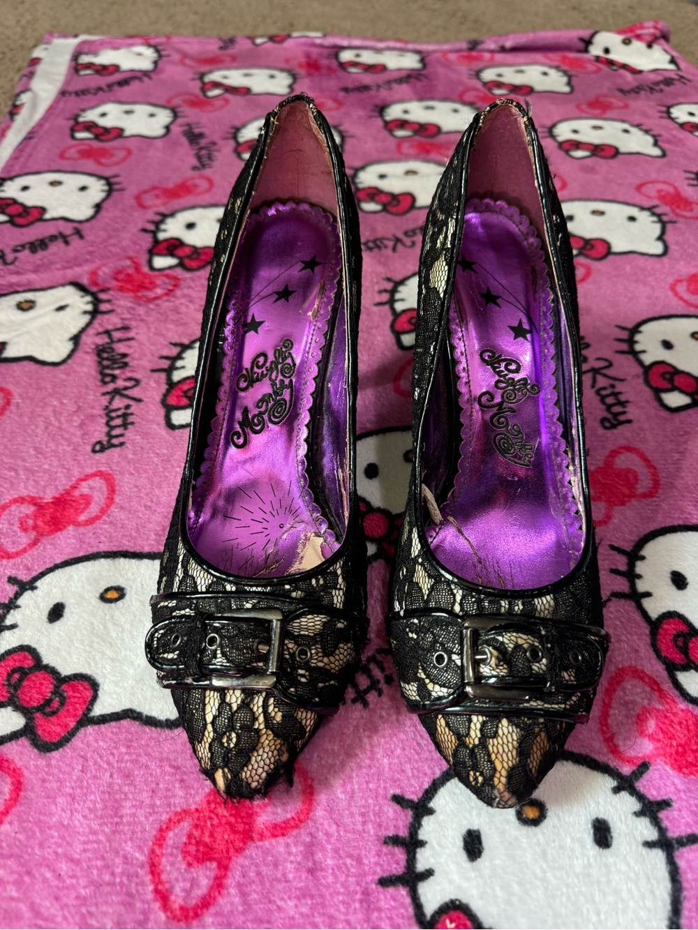 Lace Overlay Black Heels with Buckle Accent